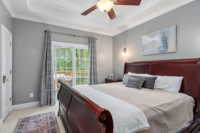 655 Lakeside Dr, Smithville, TN 37166 - bedroom featuring a tray ceiling, carpet flooring, ornamental molding, and ceiling fan
