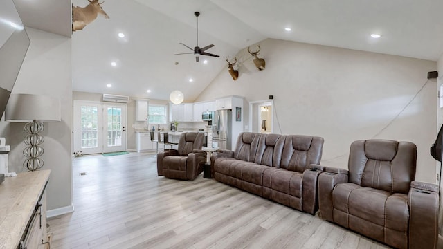 785 Grindstone Hollow Rd, Dickson, TN 37055 - living room featuring ceiling fan, light wood-style flooring, high vaulted ceiling, recessed lighting, and a wall mounted air conditioner