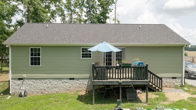 785 Grindstone Hollow Rd, Dickson, TN 37055 - rear view of house featuring crawl space, a wooden deck, and roof with shingles