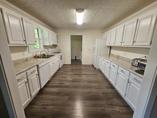 770 Jack Smith Rd, Dunlap, TN 37327 - kitchen featuring white appliances, white cabinets, a textured ceiling, dark wood-style floors, and extractor fan