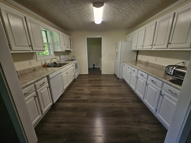 770 Jack Smith Rd, Dunlap, TN 37327 - kitchen featuring white appliances, dark wood-style floors, white cabinets, and a textured ceiling