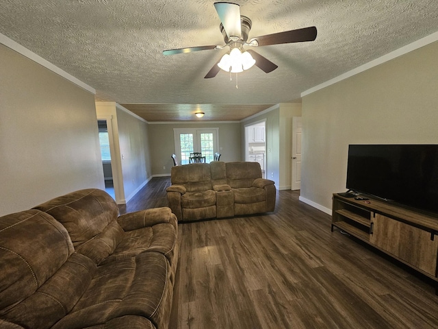 770 Jack Smith Rd, Dunlap, TN 37327 - living area featuring ornamental molding, dark wood finished floors, a ceiling fan, french doors, and a textured ceiling
