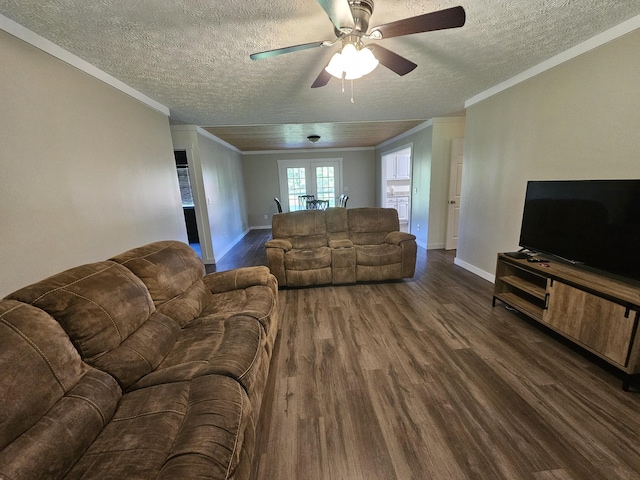 770 Jack Smith Rd, Dunlap, TN 37327 - living room featuring ornamental molding, dark wood-type flooring, a textured ceiling, ceiling fan, and french doors