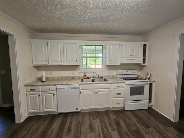 770 Jack Smith Rd, Dunlap, TN 37327 - kitchen with white appliances, dark wood-style floors, under cabinet range hood, white cabinets, and a textured ceiling