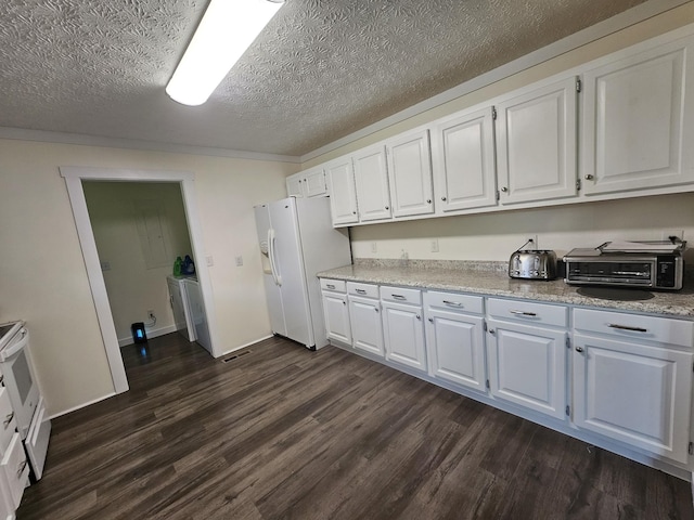 770 Jack Smith Rd, Dunlap, TN 37327 - kitchen with white fridge with ice dispenser, white cabinets, a textured ceiling, and dark wood finished floors