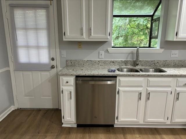 3332 Oak Trees Ct, Antioch, TN 37013 - kitchen featuring stainless steel dishwasher, white cabinetry, dark wood-style floors, and light stone counters