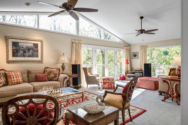 6607 Ormond Dr, Nashville, TN 37205 - living room featuring ceiling fan, carpet floors, and high vaulted ceiling