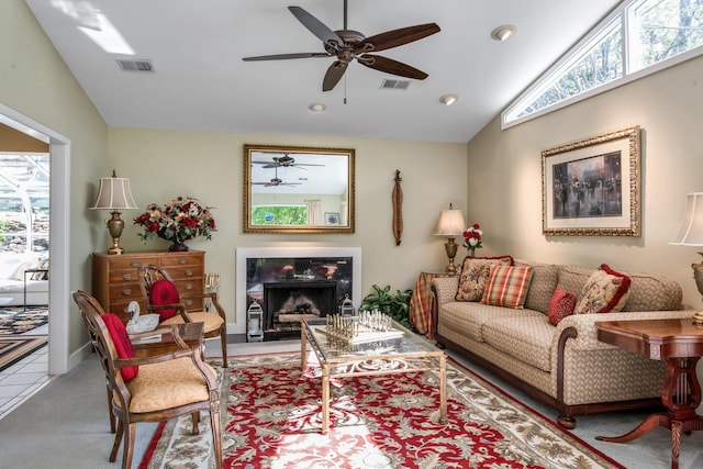 6607 Ormond Dr, Nashville, TN 37205 - living room featuring carpet floors, ceiling fan, lofted ceiling, a fireplace, and recessed lighting