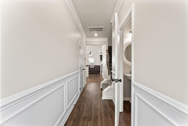 2529 Precast Dr, Columbia, TN 38401 - hallway featuring crown molding, a wainscoted wall, dark wood-type flooring, and a decorative wall