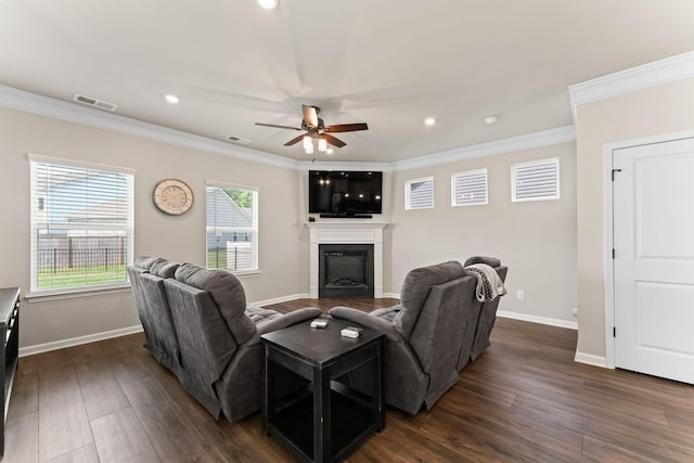 2529 Precast Dr, Columbia, TN 38401 - living room with a glass covered fireplace, a ceiling fan, crown molding, dark wood-type flooring, and recessed lighting
