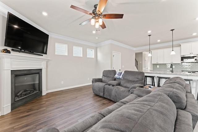 2529 Precast Dr, Columbia, TN 38401 - living room with ceiling fan, dark wood-type flooring, recessed lighting, ornamental molding, and a fireplace