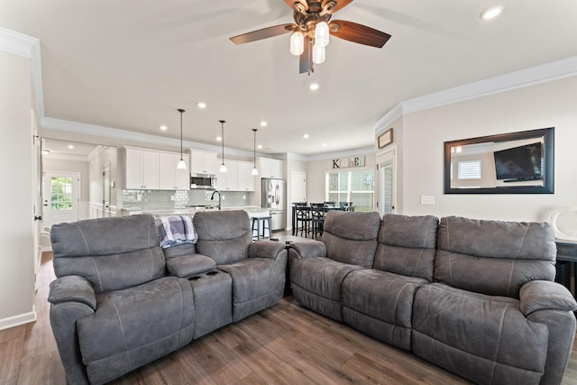 2529 Precast Dr, Columbia, TN 38401 - living room featuring crown molding, recessed lighting, ceiling fan, and dark wood-style floors