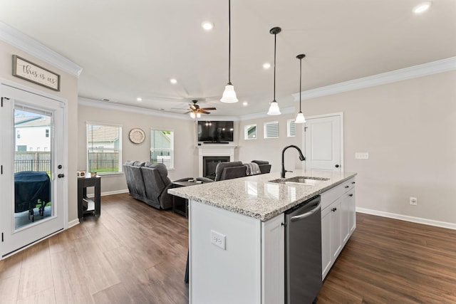 2529 Precast Dr, Columbia, TN 38401 - kitchen with stainless steel dishwasher, crown molding, a fireplace, white cabinetry, and recessed lighting