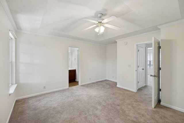 354 Arapaho Dr, Murfreesboro, TN 37128 - unfurnished bedroom featuring light carpet, ornamental molding, ensuite bathroom, and a ceiling fan