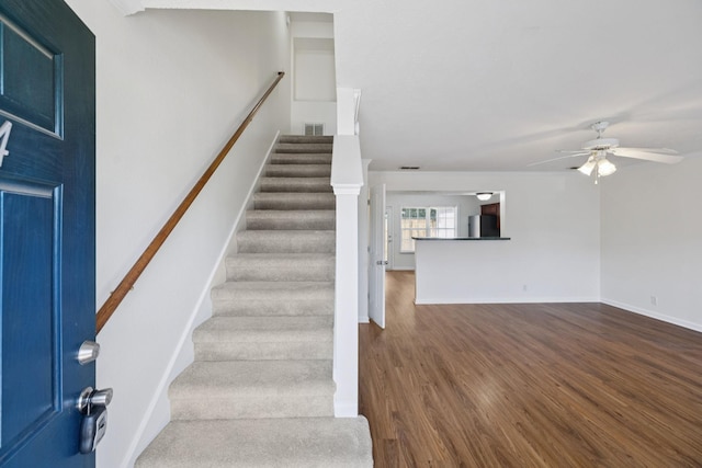354 Arapaho Dr, Murfreesboro, TN 37128 - stairs with wood finished floors and ceiling fan