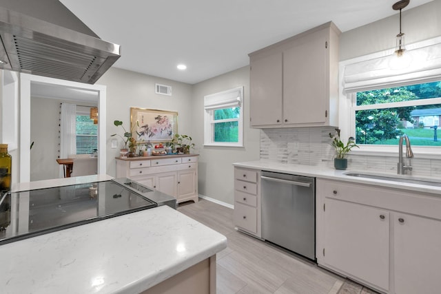 106 Dellrose Dr, Nashville, TN 37214 - kitchen with dishwasher, wall chimney range hood, tasteful backsplash, decorative light fixtures, and range