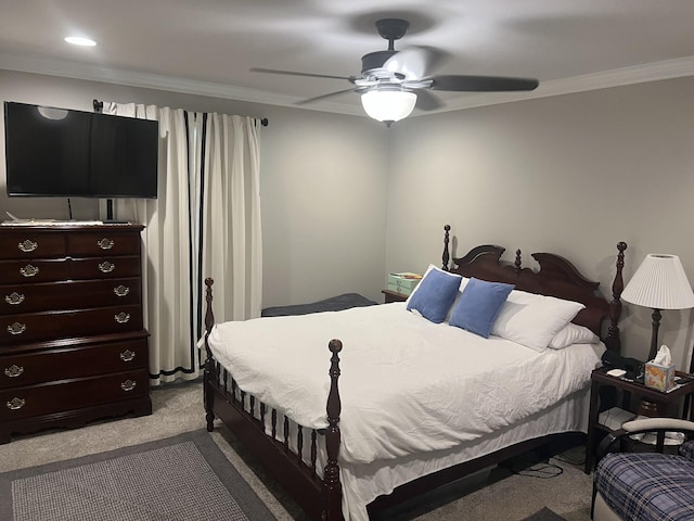 136 Houghton Dr, Winchester, TN 37398 - bedroom featuring dark carpet, ornamental molding, ceiling fan, and recessed lighting