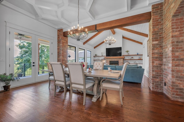 445 Old Pond Ln, Dickson, TN 37055 - dining area featuring a chandelier, french doors, a fireplace, and dark wood finished floors