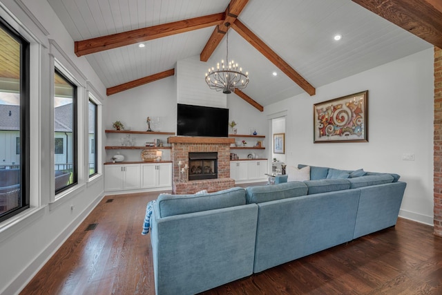 445 Old Pond Ln, Dickson, TN 37055 - living area featuring a chandelier, wood finished floors, a fireplace, recessed lighting, and wood ceiling