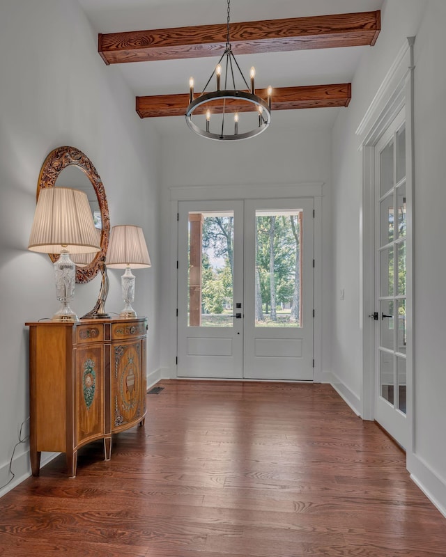 445 Old Pond Ln, Dickson, TN 37055 - entryway featuring a chandelier, french doors, wood finished floors, and beam ceiling