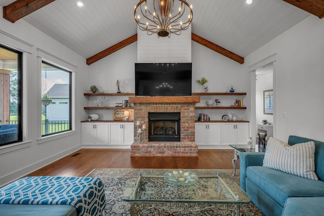 445 Old Pond Ln, Dickson, TN 37055 - living room with wood finished floors, a chandelier, a fireplace, recessed lighting, and wood ceiling