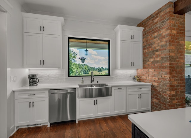 445 Old Pond Ln, Dickson, TN 37055 - kitchen with dishwasher, dark wood finished floors, light countertops, and white cabinetry