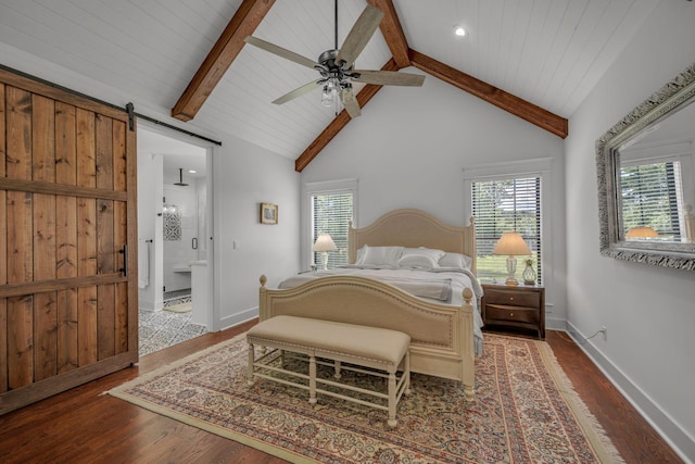 445 Old Pond Ln, Dickson, TN 37055 - bedroom with a barn door, wood finished floors, multiple windows, recessed lighting, and wood ceiling