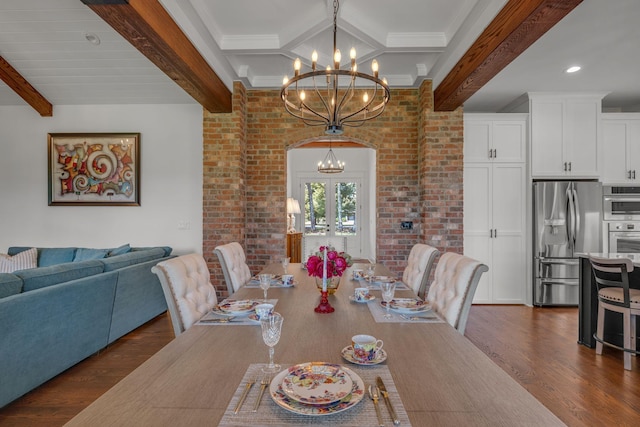 445 Old Pond Ln, Dickson, TN 37055 - dining room with a chandelier, beamed ceiling, dark wood-type flooring, french doors, and ornamental molding