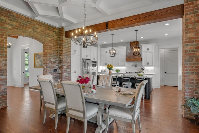 445 Old Pond Ln, Dickson, TN 37055 - dining room with a chandelier, dark wood finished floors, beamed ceiling, brick wall, and recessed lighting