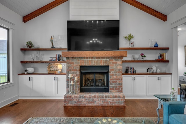 445 Old Pond Ln, Dickson, TN 37055 - living area with wood finished floors, wood ceiling, and a brick fireplace