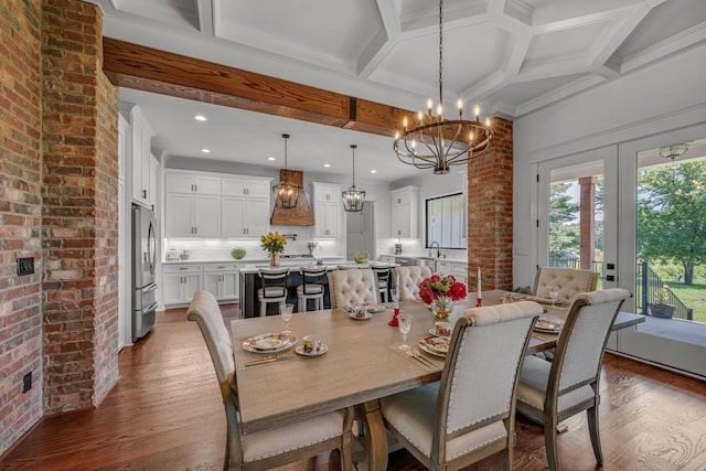 445 Old Pond Ln, Dickson, TN 37055 - dining room with dark wood-style flooring, beamed ceiling, a chandelier, recessed lighting, and coffered ceiling