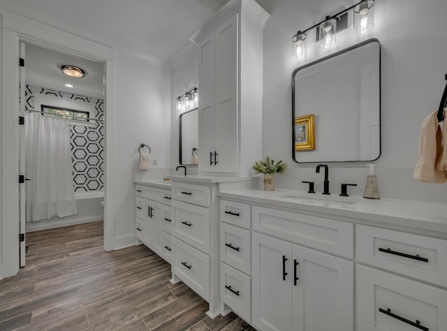 445 Old Pond Ln, Dickson, TN 37055 - bathroom featuring double vanity, wood finished floors, and shower / tub combo with curtain