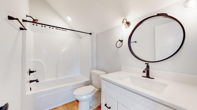 2346 Rhea Branch Rd, Ethridge, TN 38456 - full bathroom with vanity, shower / washtub combination, wood finished floors, and vaulted ceiling