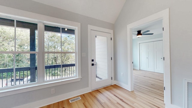 2346 Rhea Branch Rd, Ethridge, TN 38456 - doorway with light wood-style floors, healthy amount of natural light, a ceiling fan, and lofted ceiling