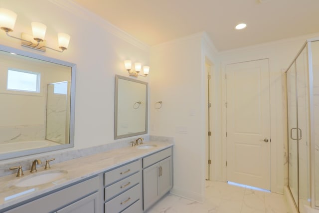 1023 Echelon Dr, Franklin, TN 37064 - full bathroom featuring a marble finish shower, double vanity, a garden tub, marble look tiles, and crown molding