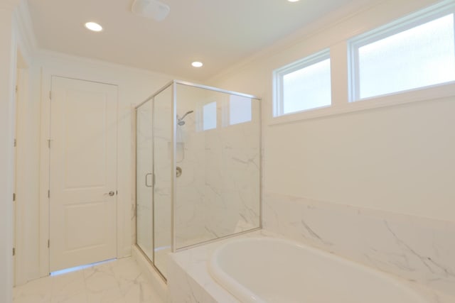 1023 Echelon Dr, Franklin, TN 37064 - full bathroom with a garden tub, recessed lighting, a marble finish shower, marble look tile flooring, and crown molding