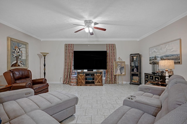 398 N Hummingbird Ln, Dickson, TN 37055 - living room featuring ceiling fan, ornamental molding, and a textured ceiling