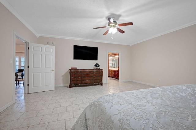 398 N Hummingbird Ln, Dickson, TN 37055 - bedroom featuring crown molding, a ceiling fan, a textured ceiling, and ensuite bathroom