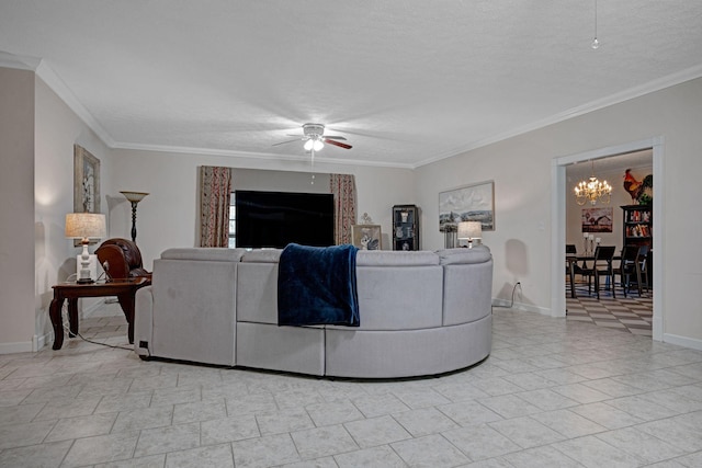 398 N Hummingbird Ln, Dickson, TN 37055 - living room with crown molding, a chandelier, a ceiling fan, and a textured ceiling