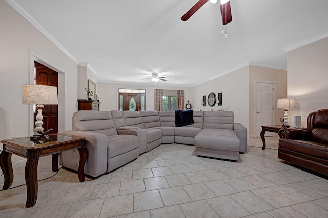 398 N Hummingbird Ln, Dickson, TN 37055 - living area featuring a ceiling fan, crown molding, and light tile patterned floors
