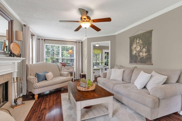 805 Tunewood Ct, Hermitage, TN 37076 - living area featuring wood finished floors, a ceiling fan, ornamental molding, and a fireplace