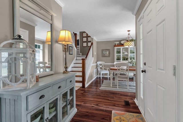 805 Tunewood Ct, Hermitage, TN 37076 - entrance foyer with ornamental molding, dark wood finished floors, and stairway