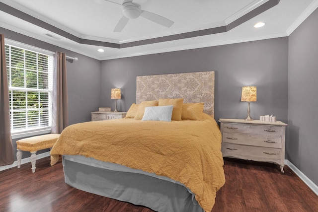 805 Tunewood Ct, Hermitage, TN 37076 - bedroom featuring a tray ceiling, dark wood finished floors, ornamental molding, recessed lighting, and a ceiling fan