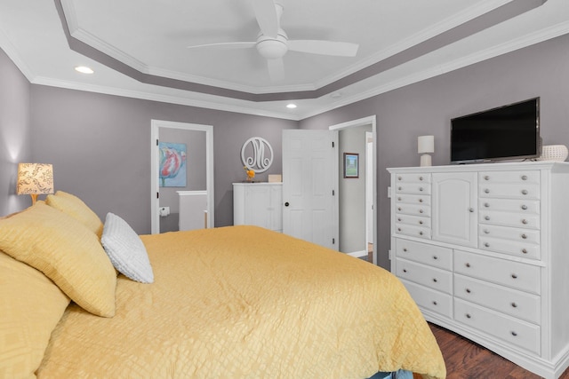 805 Tunewood Ct, Hermitage, TN 37076 - bedroom featuring a tray ceiling, recessed lighting, dark wood-type flooring, crown molding, and a ceiling fan