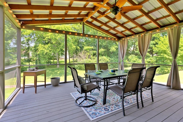 805 Tunewood Ct, Hermitage, TN 37076 - sunroom / solarium with outdoor dining area, vaulted ceiling, ceiling fan, and plenty of natural light