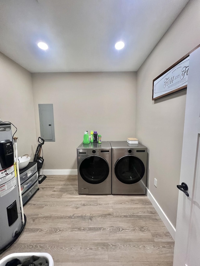108 Chase Bend Rd, Estill Springs, TN 37330 - laundry area with electric panel, washer and dryer, electric water heater, wood finished floors, and recessed lighting