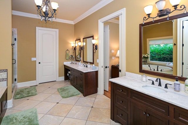 205 Nature Ridge Rd, Tullahoma, TN 37388 - bathroom featuring a chandelier, ornamental molding, two vanities, tile patterned floors, and a stall shower