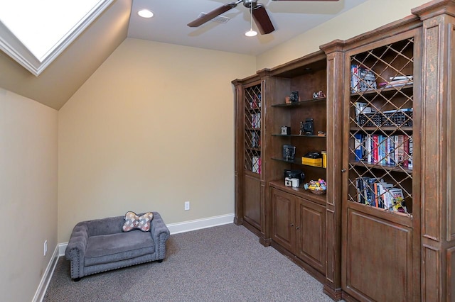 205 Nature Ridge Rd, Tullahoma, TN 37388 - living area featuring carpet, ceiling fan, a skylight, vaulted ceiling, and recessed lighting