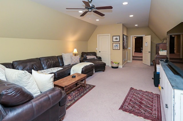 205 Nature Ridge Rd, Tullahoma, TN 37388 - living area with vaulted ceiling, light colored carpet, ceiling fan, and recessed lighting