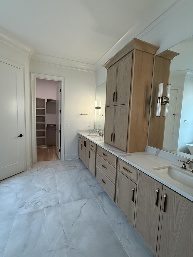 8006 Southvale Blvd, Franklin, TN 37064 - bathroom with ornamental molding, double vanity, marble look tiles, and a spacious closet